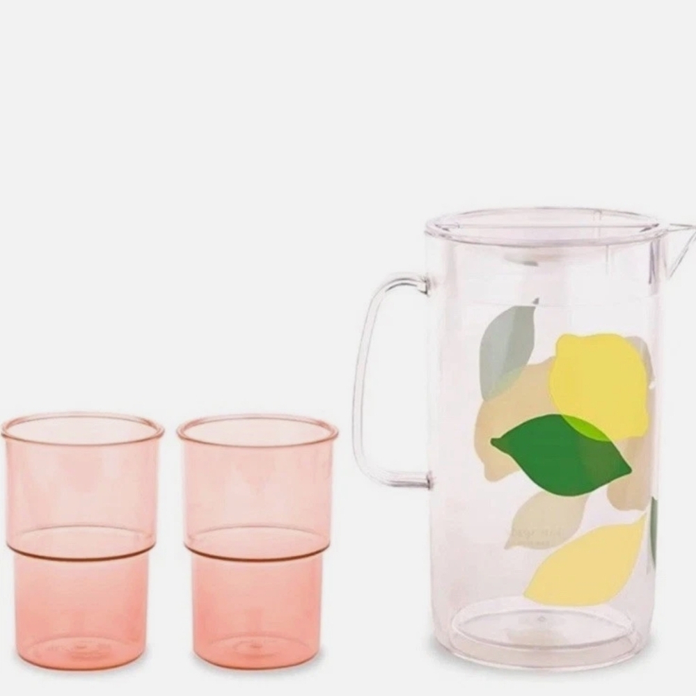 Kate Spade Yellow Lemon Pitcher and Pink Glasses Set